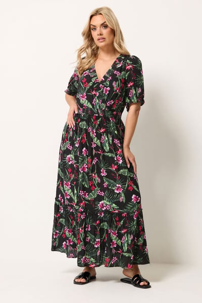 Yours Zwarte Maxijurk Met Tropische Halsplooien Size 42