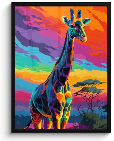Poster in lijst - Fotolijst 60x80 cm - Posters - Giraffe - Savanna - Lucht - Gekleurd - Posterlijst zwart - Decoratie - Wanddecoratie woonkamer - Muurdecoratie slaapkamer