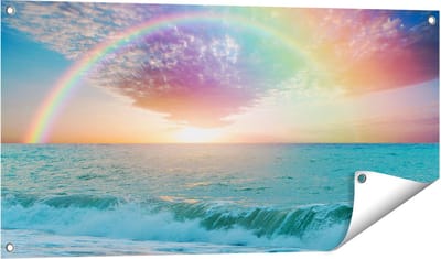Gards Tuinposter Regenboog in het Water bij het Strand - 100x50 cm - Tuindoek - Tuindecoratie - Wanddecoratie buiten - Tuinschilderij