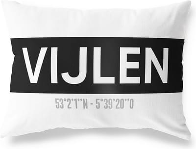 Tuinkussen VIJLEN - LIMBURG met coördinaten - Buitenkussen - Bootkussen - Weerbestendig - Jouw Plaats - Studio216 - Modern - Zwart-Wit - 50x30cm