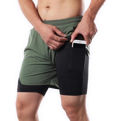 2-in-1 hardloopshort voor heren met handdoeklussen, sneldrogende trainingsshort voor training in de sportschool S legergroene kleur