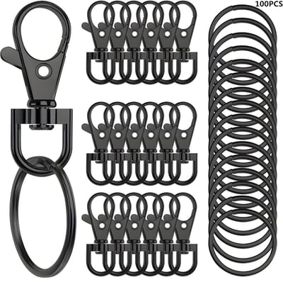 PolkaHome Kreeft Gesp Sleutelhangers – 100-delige Set | 50 Karabijnhaken & 50 Sleutelringen voor Sieraden Maken, DIY, Lanyards & Knutselen (zwart)