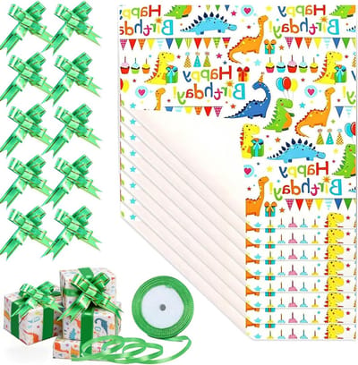 Set van 8 vellen dinosaurus cadeaupapier, 70 cm x 50 cm, perfect voor verjaardagen, babyshowers en feestelijke gelegenheden, inclusief strikken en linten