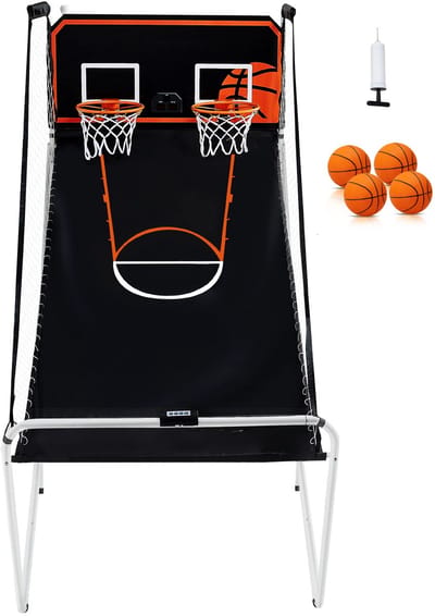Opvouwbaar Basketbal Arcadespel, Indoor Sport voor 2 Spelers, 4 Ballen, 8 Standen, Elektronisch Scorebord, Opblaaspomp, voor Kinderen En Volwassenen (Zwart En Wit)