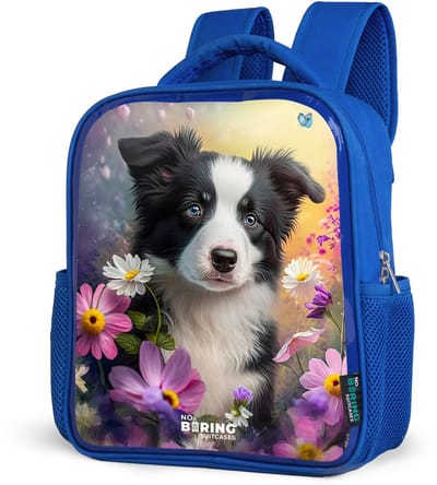 NoBoringSuitcases.com® - Rugzak blauw - Schooltas jongens - zwart witte puppy tussen kleurrijke bloemen - Kinder rugtas jongen - Boekentas kind - Kinderrugzak voor school - Schoolrugzak
