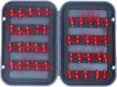 Complete Vliegvissen Set met 40 Stuks Rode Mieren, Ideaal voor Forel en Zalm, Inclusief Opbergdoos en Vliegvisaccessoires