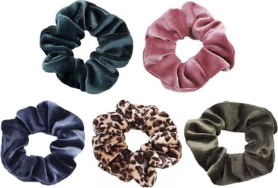 Kraagjeskopen.nl® Scrunchie 5 stuks Velvet Extra Vol en Luxe - Haarelastiek Haarwokkel Scrunchies Set - Groenblauw - Roze - blauwgrijs - Panterprint Bruintinten - Groen