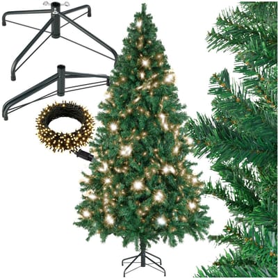 tectake® Kunstkerstboom met Verlichting - Levensecht met Flexibele Takken - Inclusief Metalen Standaard en LED Kerstverlichting - Stabiel en eenvoudig te monteren - Kunst Kerstboom voor Binnen - Kerstversiering - 230 cm - 1346 takken - Groen