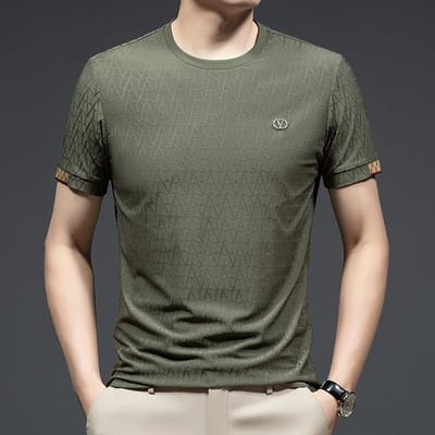 Zomer Nieuwe Stijl Jacquard Korte Mouw Heren Koreaanse Stijl Mode Casual Concaaf Reliëf Ronde Hals Dunne Heren T-shirt XXXXL