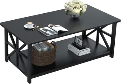 Ronde Salontafel met Opslagplank - 100 cm X-Frame Ontwerp voor Woonkamer en Thuiswerkplek - Zwart