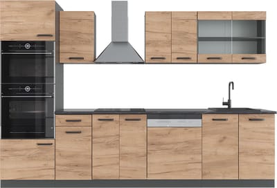 Vicco R-Line Complete keukeneenheid – 300 cm met hoge kast, WB Antraciet Eik goud/antraciet