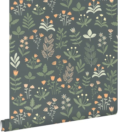 ESTAhome behang veldbloemen vergrijsd groen en oranje - 50 x 900 cm - 131098