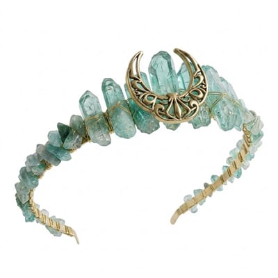 Turquoise kristallen tiara met goudkleurige maan hanger – diadeem voor dames – fantasy hoofdband met edelsteen look en maanmotief – geschikt voor festivals, bruiloften en fotoshoots