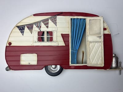 Metalen wandbord retro caravan rood