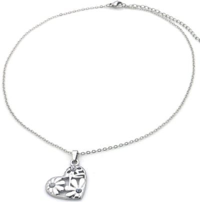 Ketting met Hart - Zilverkleurig - Hart met Bloemen Grijs - RVS - Stainless Steel – valentijn – cadeau