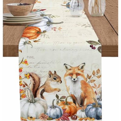 Herfst Eekhoorn Pompoen Linnen Tafelkleed Feestdecoratie Wasbare Keuken Eettafel Runner Herfst Thanksgiving Decoratie 150x33cm beige