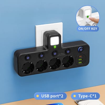 Eén naar meerdere, met schakelaar, USB-stopcontact, met USB slimme stekkerdoos, stekkerdoos, verlengsnoer, Type-C opladen, met nachtlampje, zwarte uitvoering 3