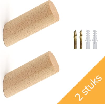 Homium Houten wandhaken - Beuken - 2 stuks - 8 cm - Kapstokhaak - Jashaak - Handdoekhaak