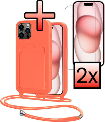Hoes Geschikt voor iPhone 14 Pro Max Hoesje Pasjeshouder Cover Met Koord Case Siliconen Hoes Met Telefoonkoord en Kaarthouder Met 2x Screenprotector - Papaya