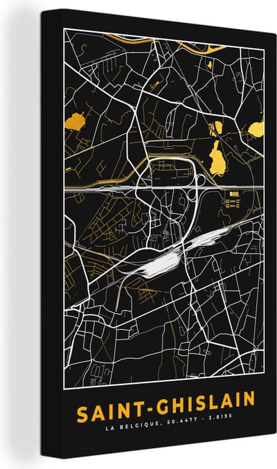 Canvas Schilderij Kaart - Goud - Stadskaart - België - Plattegrond - 20x30 cm - Wanddecoratie