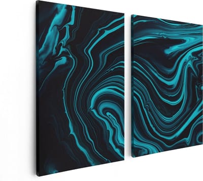 Artaza Canvas Schilderij Tweeluik Abstracte Kunst - Aqua Blauw met Zwart - 80x60 - Foto Op Canvas - Canvas Print