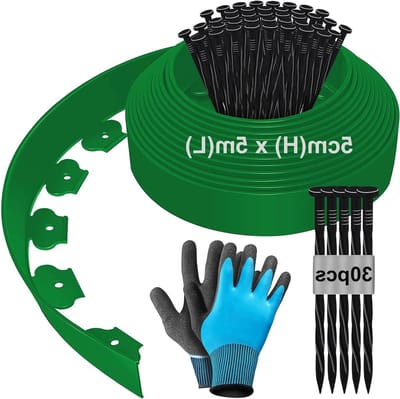 Flexibele tuinrand van 5 m x 5 cm voor bloembedden en gazons, inclusief handschoenen en 30 spijkers - Groen