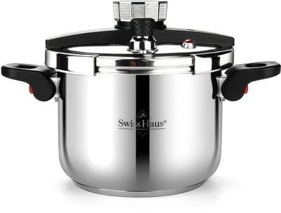 Swiss Haus® PCB4L Snelkookpan Inductie - 4 Liter / Ø 22 cm - PFAS Vrij - RVS Snelkookpannen Voor Alle Warmtebronnen - Pressure Cooker - Instant koken - Eenhandig Mechanisme - RVS