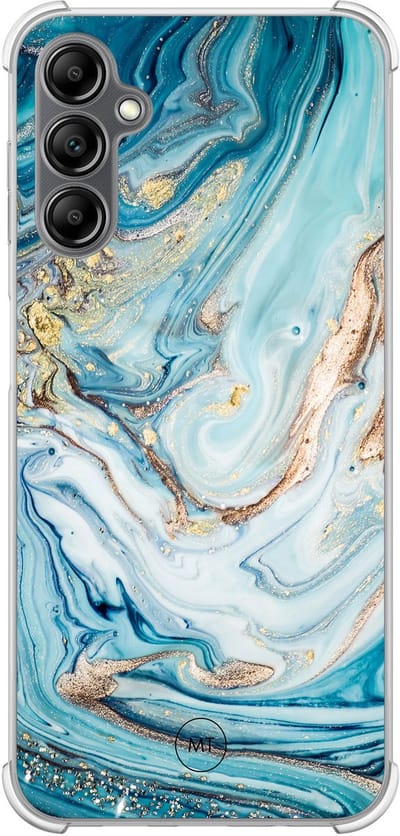 Hoesje (shockproof) geschikt voor Samsung Galaxy A14 5G - Marmer blauw goud - Extra sterke case - TPU/polycarbonaat - Marmer - Blauw, Transparant