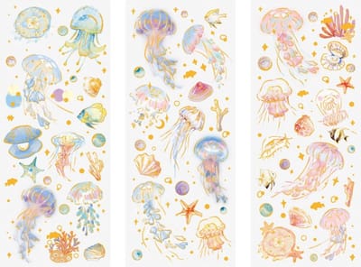 3 stickervellen Oceaan - Stickers De Zee - Hobbystickers - Kwallen - Schelpen - Zeester - Vissen - Goud Foil