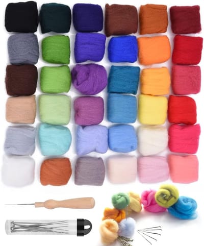 Famanu - Wollen viltstiften, 36 kleuren, set met naaldvilt, wolnaald, kaart met naaien, wol, vilt, naalden,, pakket voor vilt, handwerk, knutselen