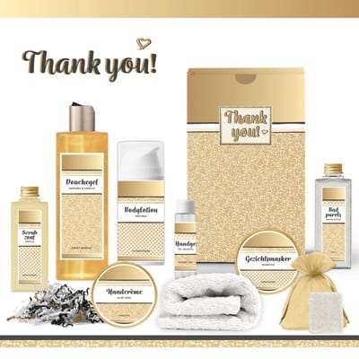 Geschenkset “Thank You!” - 9 producten - 620 gram | Giftset voor haar - Luxe cadeaubox collega - Wellness Giftset Bedankt geschenk - Cadeau Vrouw - Thanks - Moeder - Oma - Vriendin - Zus - Juf - Oppas - Oppasmoeder - Verzorgster - Kerst - Kerstpakket