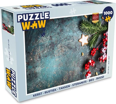 Puzzel Kerst - Rustiek - Takken - Steranijs - Bes - Rood - Legpuzzel - Puzzel 1000 stukjes volwassenen - Kerst - Cadeau - Kerstcadeau voor mannen, vrouwen en kinderen