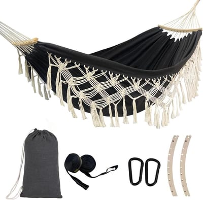 Dubbele Hangmat - Hangschommel - Ontspannen Buiten - Handgemaakt Macramé - Max 225 kg - Zwart Grijs