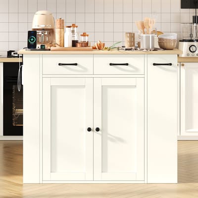 HAUSS SPOLE Keukenkast - Uitschuifbaar Werkblad Met Stopcontact En 2 Krukken - Voor Keuken En Eethoek - Spaanplaat - 120x75x96 Cm - Wit