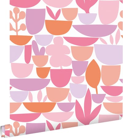 ESTAhome behang aardewerk en planten roze, paars en oranje - 50 x 900 cm - 131075