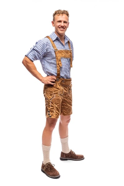 Samex® - Lederhosen Man + Blouse - Compleet Oktoberfest Kostuum Heren - Korte Lederhose - Verkleedkleren mannen - Carnavalskleding - Bruin/Blauw - Maat S
