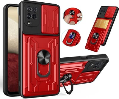 Hoesje Geschikt Voor Samsung Galaxy A12 hoesje met Ring houder - camera lens protector en pashouder – Rood
