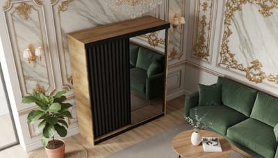 Kledingkast Casa Velluto Malani Elegance 138cm – Moderne Schuifdeurkast met Spiegel – Garderobekast voor Slaapkamer en Woonkamer – Ambachtelijk Eiken Goud & Grafiet – 138x205x59cm – Luxe Opbergkast