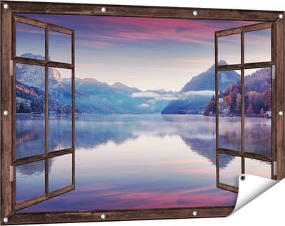 Gards Tuinposter Doorkijk Meer in de Bergen - 120x80 cm - Tuindoek - Tuindecoratie - Wanddecoratie buiten - Tuinschilderij