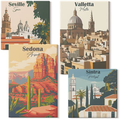 Wallfluent Set van canvas schilderijen - Retro stadsgezichten van Sedona Sintra Sevilla Valletta Canvas Schilderijen Set - Set van 4 Canvas Schilderijen - Veelkleurig Set van Canvas Prints - Steden Canvas Kunst Set - Boheemse Canvas Kunst Set
