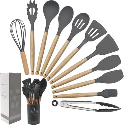 Kookgerei Set - Keuken Spatels - Koken en Bakken - Hittebestendig Siliconen - 12 Delig - Donkergrijs