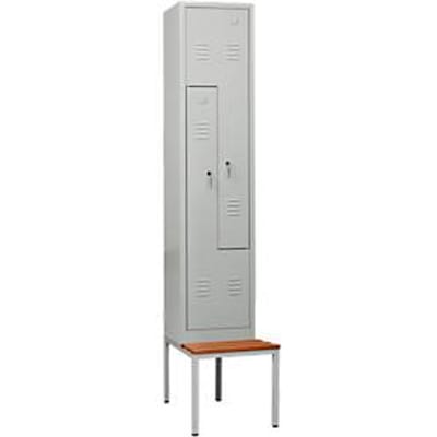 Kledinglocker, 2 compartimenten, met zitbank, 2 vakken, z-deuren, cilinderslot, lichtgrijs/lichtgrijs