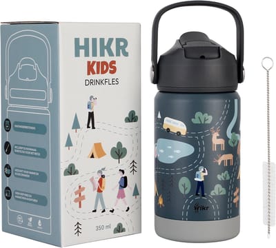 Hikr Kinder Drinkfles – RVS Drinkbeker & Schoolbeker 350ml – Lekvrij met Rietje – Reisbeker voor Jongens & Meisjes – Outdoor – Groen