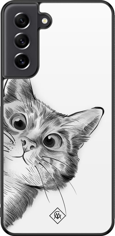 Casimoda® hoesje - Geschikt voor Samsung Galaxy S21 FE - Peekaboo Kat - Zwart TPU Backcover - Kat - Wit