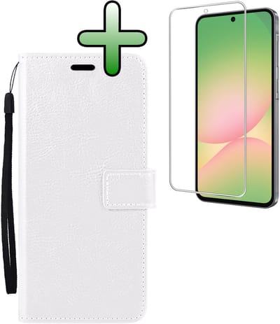 Hoesje Met Screenprotector - Geschikt voor Samsung Galaxy A56 - Luxe Pasjeshouder - Bookcase Portemonee - Flip Case - Kunstleer Book Case - Flipcase - Book Cover - Walletcase - Portemonneehoes - Wit