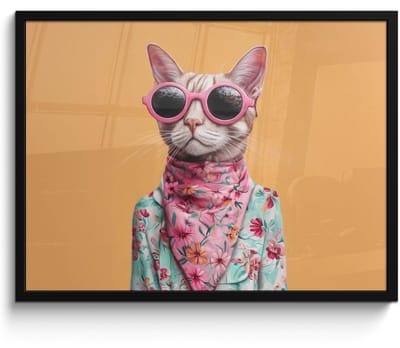 Poster in lijst - Fotolijst 70x50 cm - Posters - Zonnebril - Kat - Sjaal - Bloemen - Posterlijst zwart - Decoratie - Wanddecoratie woonkamer - Muurdecoratie slaapkamer