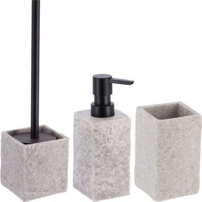 Badkamer set - zeeppomp/tandenborstelbeker - grijs - kunststeen - polyresin