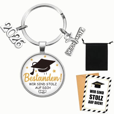 Dailygoods- Sleutelhanger Geslaagd 2026 - Afstudeercadeau - Sleutelhanger met Kaarthoes - Wenskaart - Geschenkzakje - Roestvrij Staal