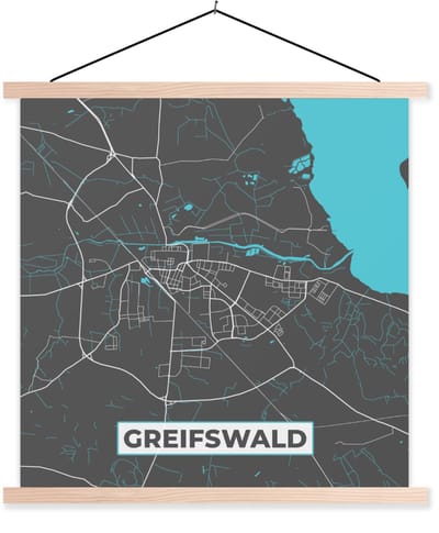 Posterhanger incl. Poster 120x120 cm - Schoolplaat - Duitsland – Blauw – Greifswald– Stadskaart – Kaart – Plattegrond - Textielposter - Blanke latten - Stadskaart