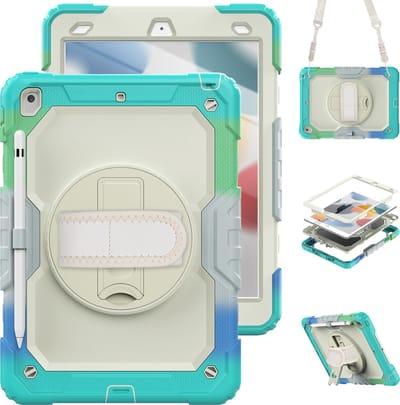 Hoesje geschikt voor iPad 10.2 inch 2021-2019 9e/8e/7e generatie Valbestendig Shockproof Case Standaard Handvat Draaibaar Kinderhoes